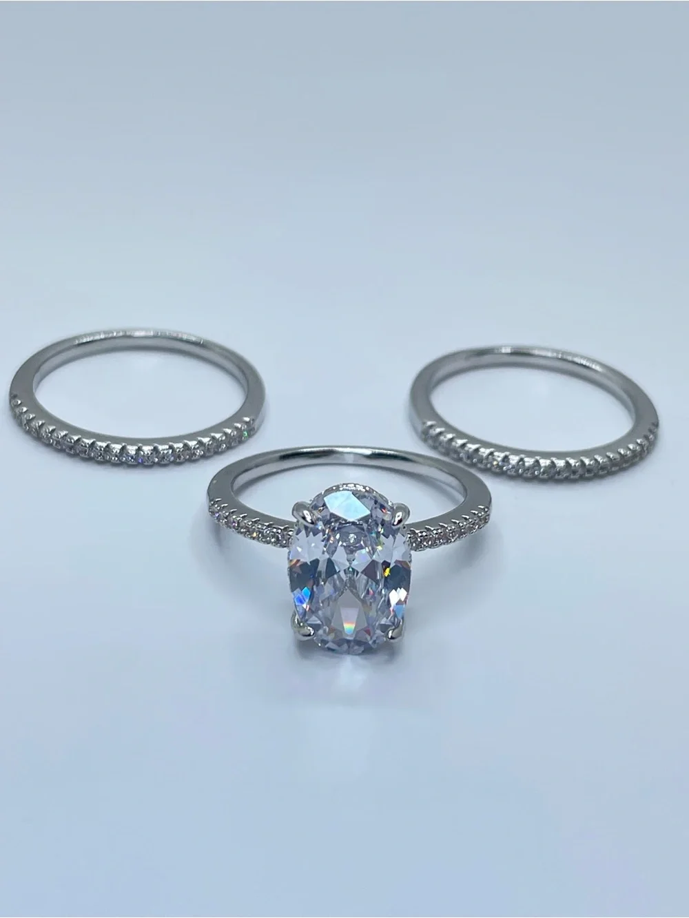 Swarovski Crystal Elements White Oval Cut Solitaire Ring 3 Band Set Sz 9